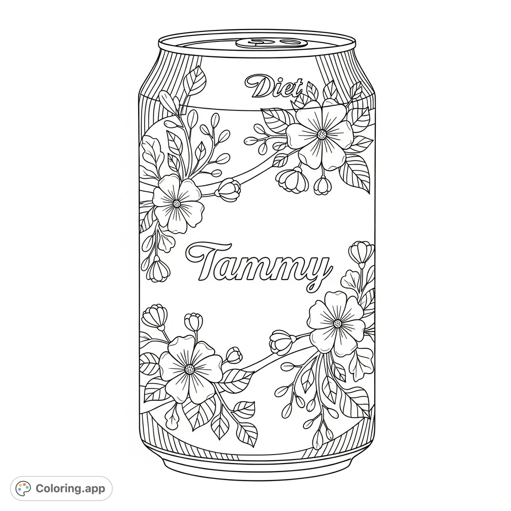 A classic Diet Coke can adorned with intricate blossoms and winding foliage, featuring a personalized name "Tammy." A unique blend of everyday and elegant.