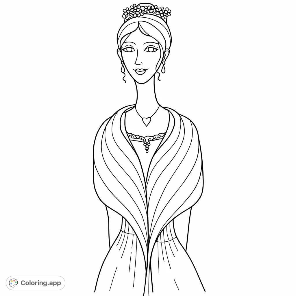 An elegant, stylized figure featuring a long neck, floral crown, and ornate period attire, offering a unique and imaginative coloring experience.
