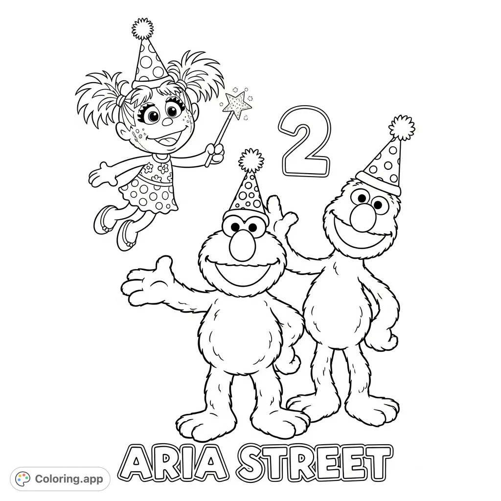 Celebrate with Elmo, Abby, and Grover! This free printable coloring page features the beloved characters in birthday hats, a stylized '2', and 'Aria street' text.