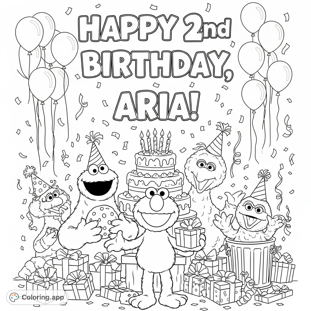 Elmo and friends celebrate a birthday with cake, presents, and balloons, featuring "Happy 2nd Birthday, Aria!" in playful bubble letters. Perfect for a fun coloring session.