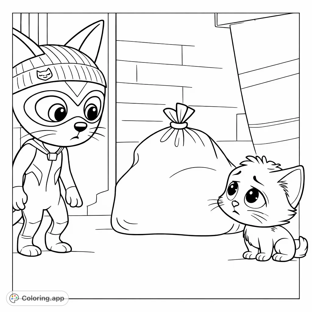 An endearing cat in a beanie investigates a mysterious sack, observed by a small, wide-eyed kitten. A charming scene for young colorists!