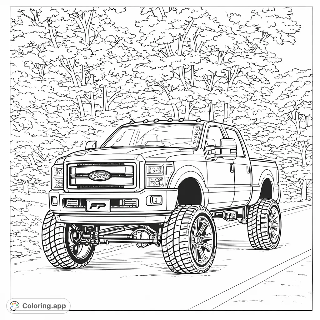 Immerse yourself in the thrill of a lifted F350 truck coloring page. Customize this powerful vehicle and scenic backdrop with your favorite shades. Perfect for truck enthusiasts!