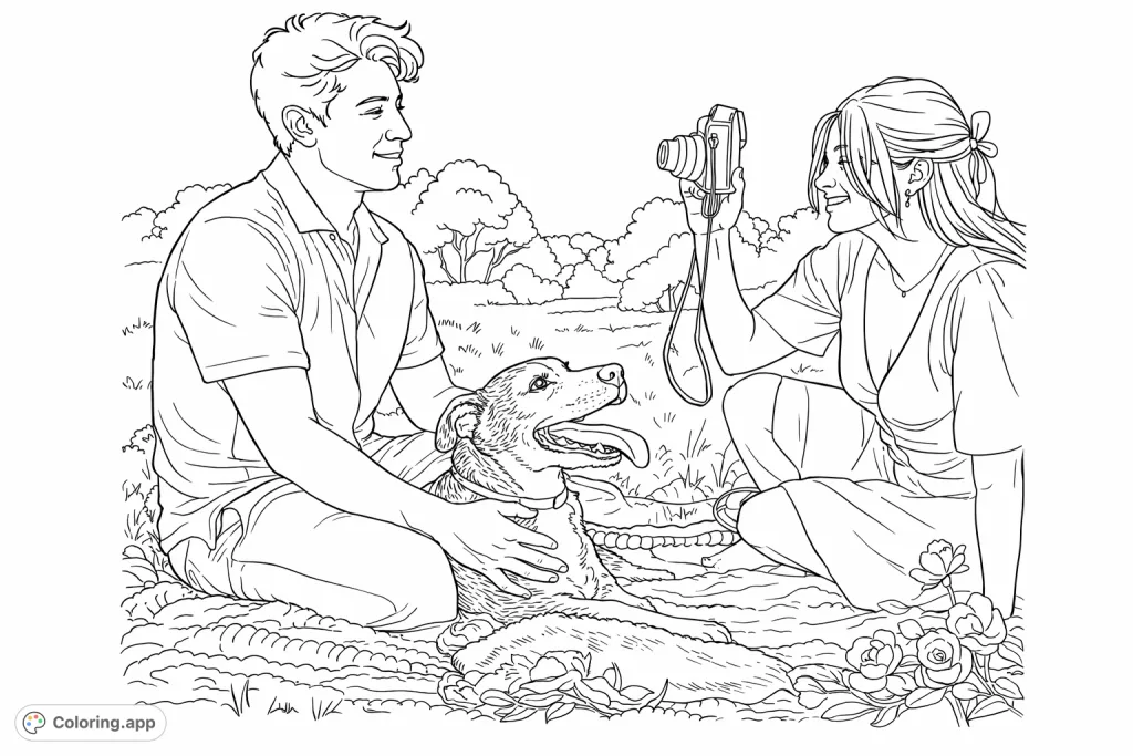 A heartwarming scene featuring a couple and their happy dog enjoying an outdoor picnic. Capture expressions, camera, and floral details in this engaging printable.