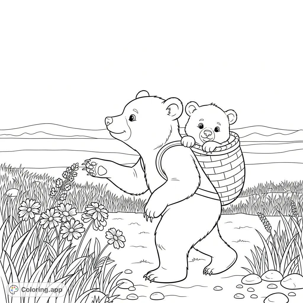 Adorable bear siblings explore a charming meadow. The older sister carries her baby sibling in a woven basket, pointing to wildflowers. A heartwarming nature scene.