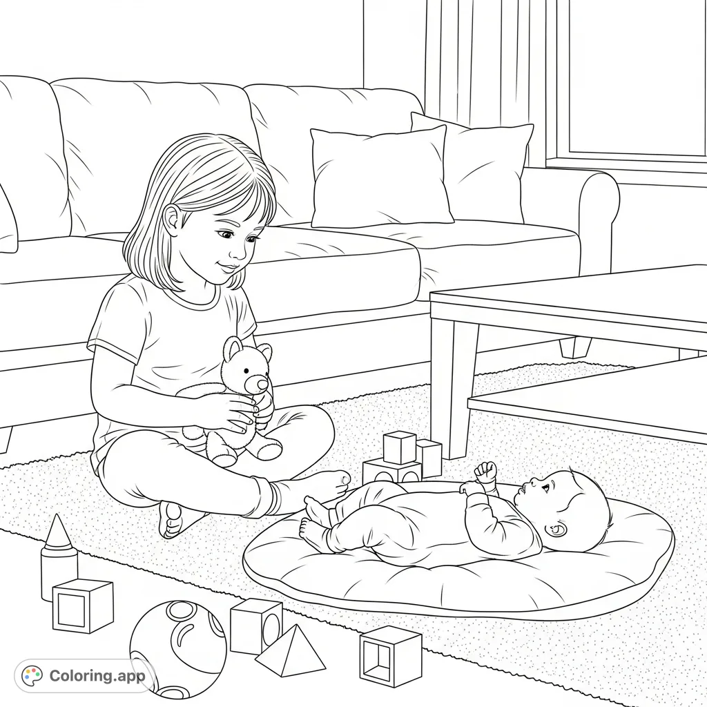 A heartwarming family bonding coloring page featuring a big sister with her newborn sibling, surrounded by toys in a cozy living room. Perfect for all ages.