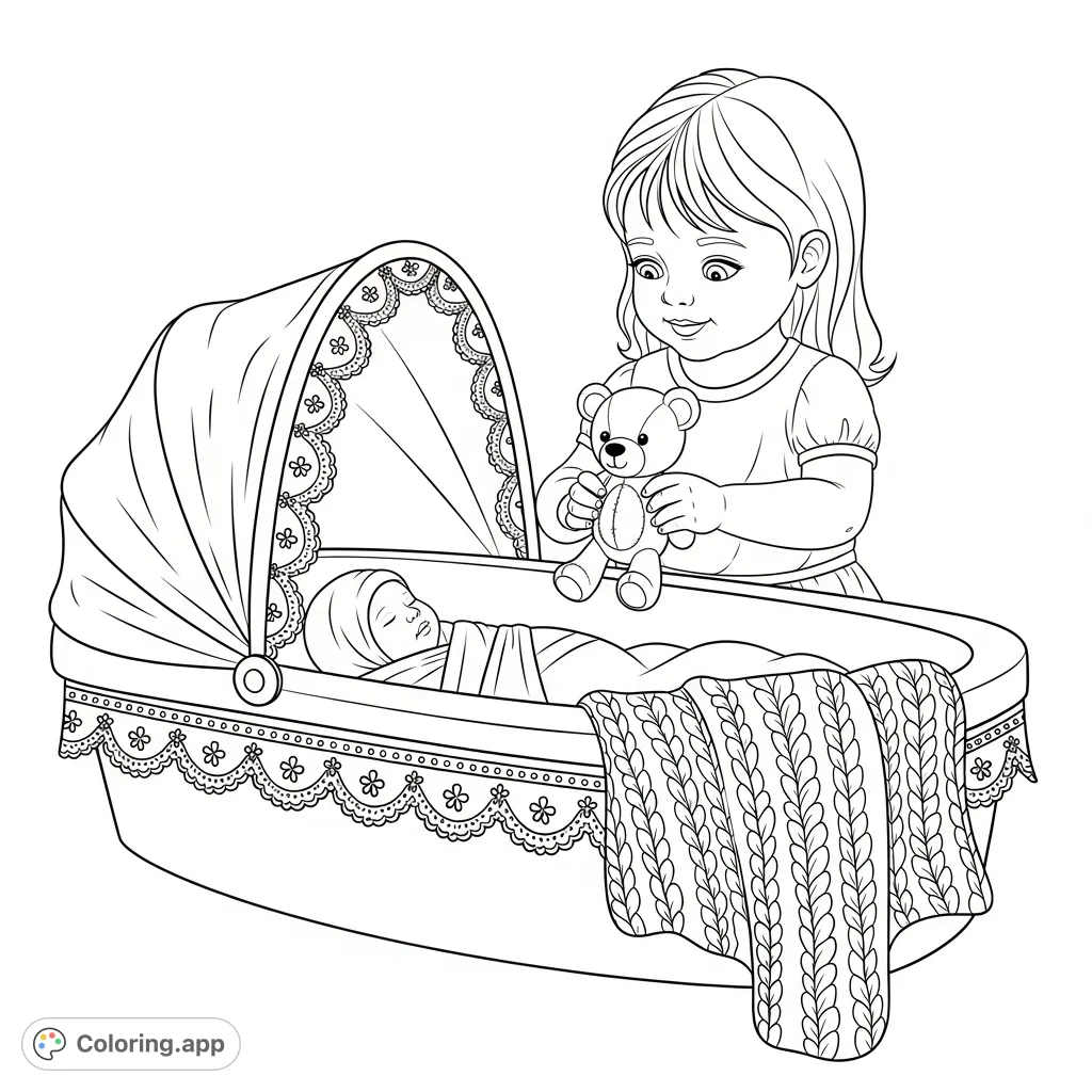 Capture a heartwarming moment: a two-year-old girl shares her plush bear with her swaddled newborn sibling in a cozy bassinet. A tender family scene.
