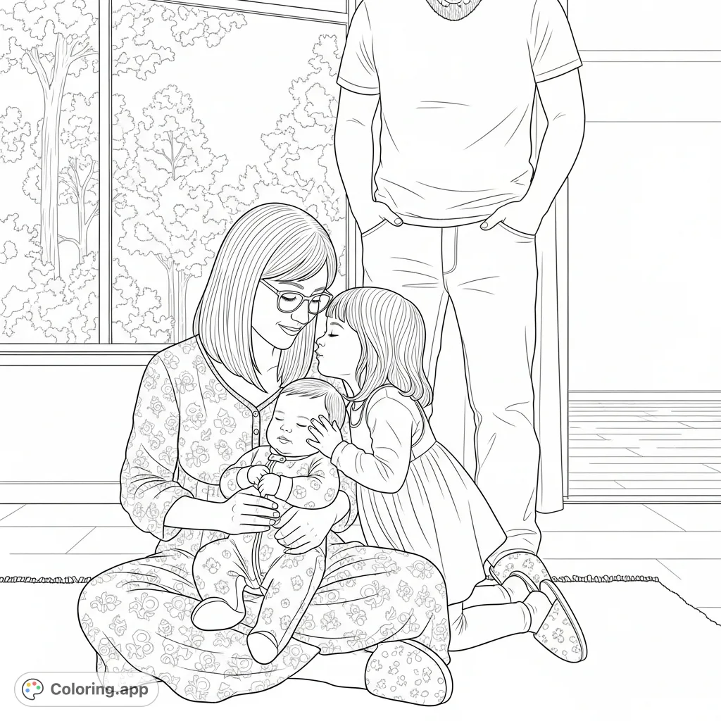 Capture a heartwarming family moment: a mother cradling her baby, a daughter's gentle kiss, and a father watching. A tender scene perfect for coloring.