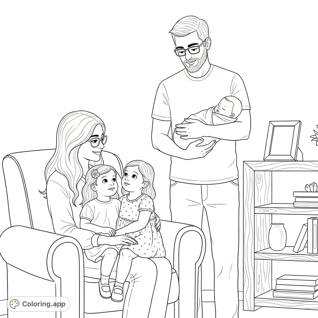A heartwarming family scene featuring a mom, dad, a big sister, and a newborn baby in a cozy living room, perfect for expressing warmth and connection.