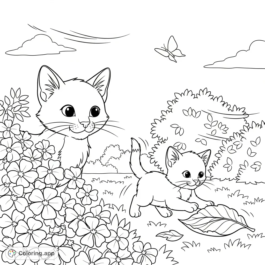 Two playful kittens explore a lush garden. The big sister peeks from flowers while her baby sibling pounces on a leaf. A delightful scene for animal lovers.