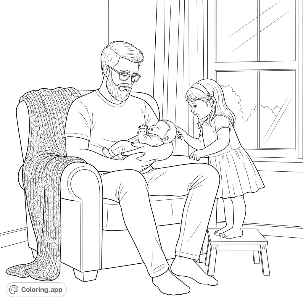 A heartwarming family scene: a dad holds his newborn, while the curious big sister gently interacts. Perfect for new families and tender moments.