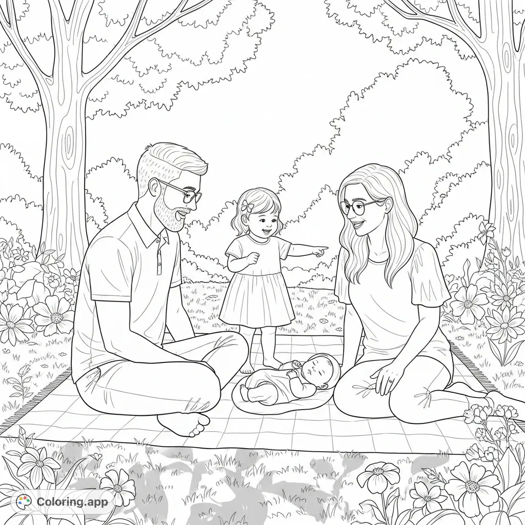 A heartwarming family park coloring page capturing a serene afternoon with a dad, mom, big sister, and newborn baby amidst lush nature.