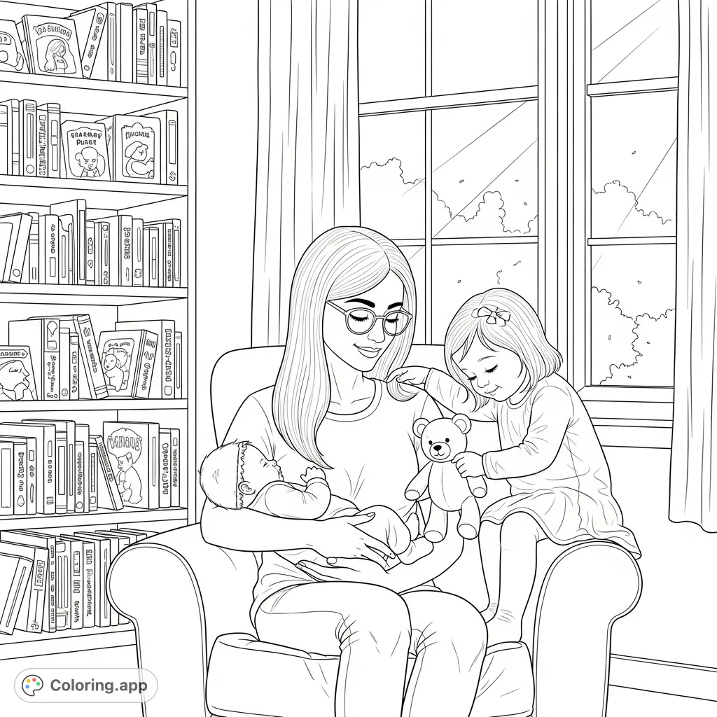 A heartwarming family scene featuring a mother cradling her newborn, while the big sister offers a toy bear in a sunlit living room with a cozy bookshelf.
