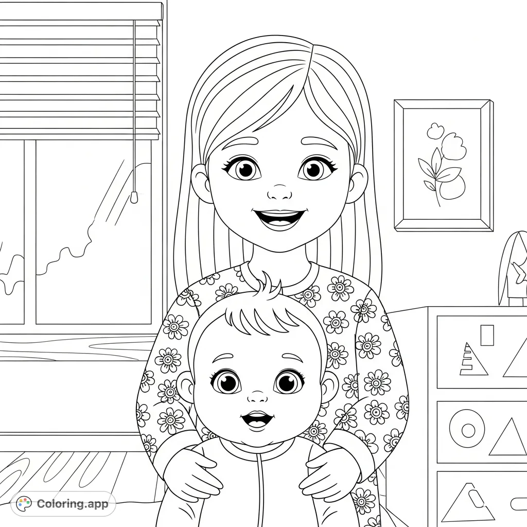 A heartwarming free printable coloring page featuring an older girl gently embracing a baby, set against a cozy home background with subtle patterns.