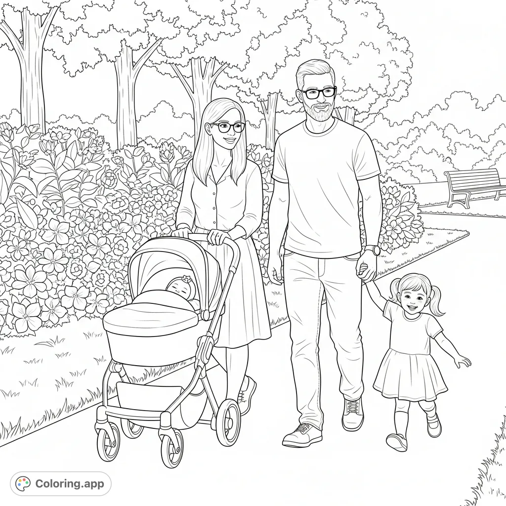A delightful family outing coloring page featuring a mom, dad, toddler, and baby enjoying an afternoon walk on a paved path lined with trees and flowers.