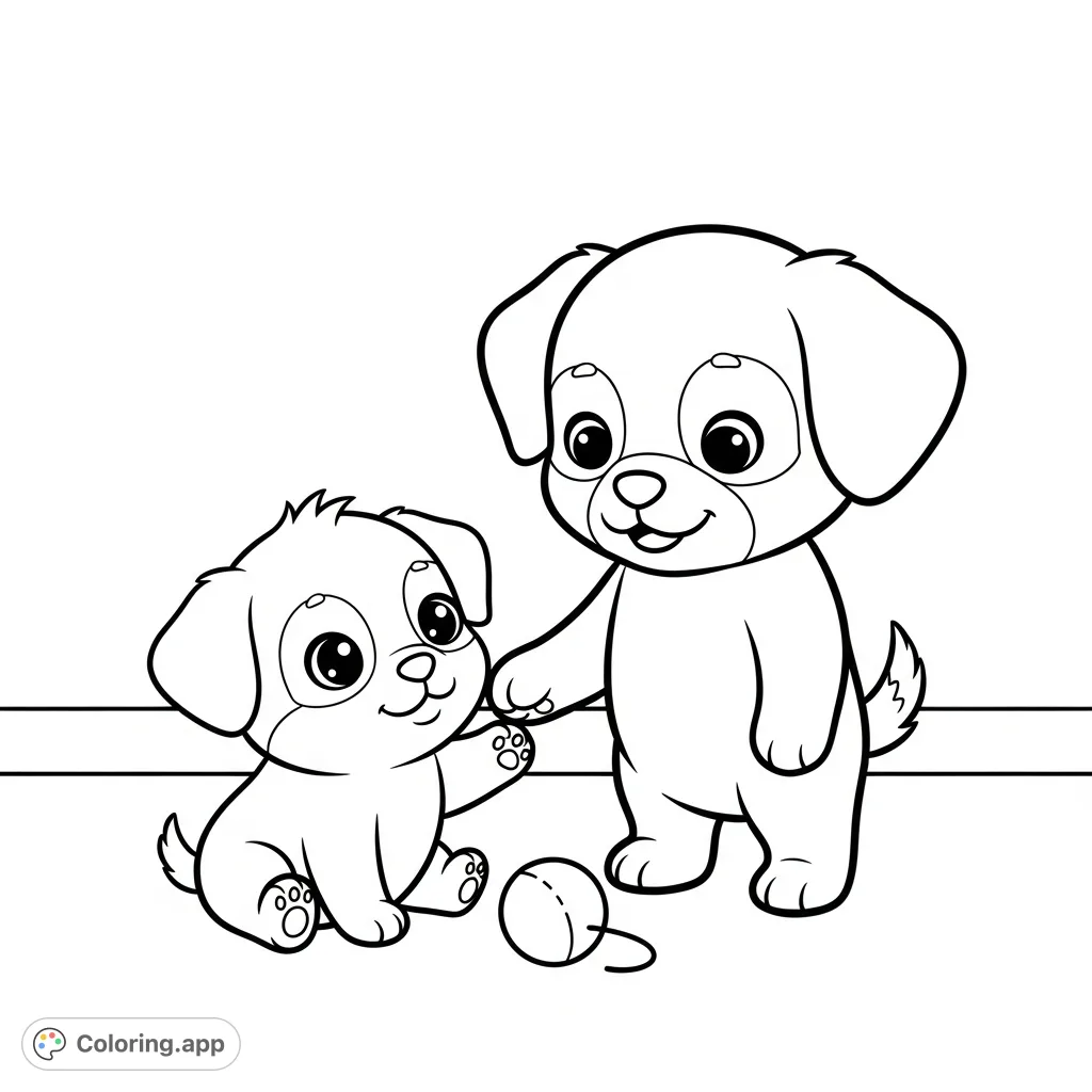 Delightful kawaii puppy siblings playing, featuring a sweet big sister and an adorable baby. A charming and heartwarming free printable puppy coloring page for kids.