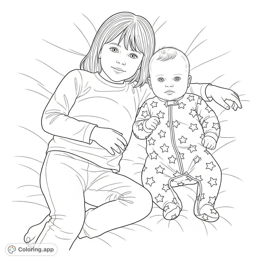 A heartwarming scene of an older child gently embracing a baby lying on a soft, star-patterned surface. A peaceful and tender moment to color.