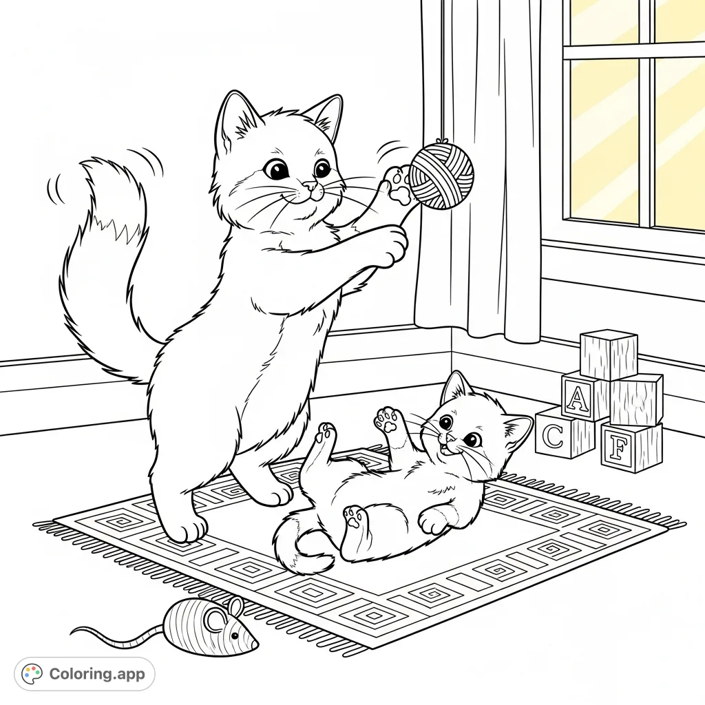 An adorable kitten sister playfully bats a yarn ball, while her baby sibling tumbles on a patterned rug, reaching for the tail, surrounded by toys and sunlit charm.