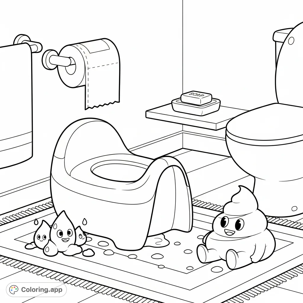 Explore a delightful potty training coloring page featuring a friendly poop character, playful pee drops, and essential bathroom items for kids.