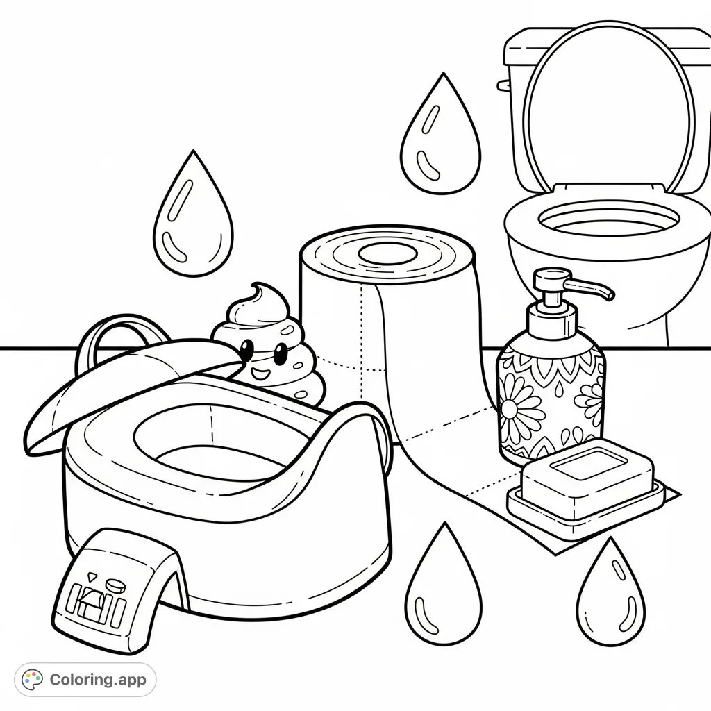 A delightful potty training coloring page featuring a cheerful collection of bathroom essentials, including a potty, toilet paper, and a friendly poop character.