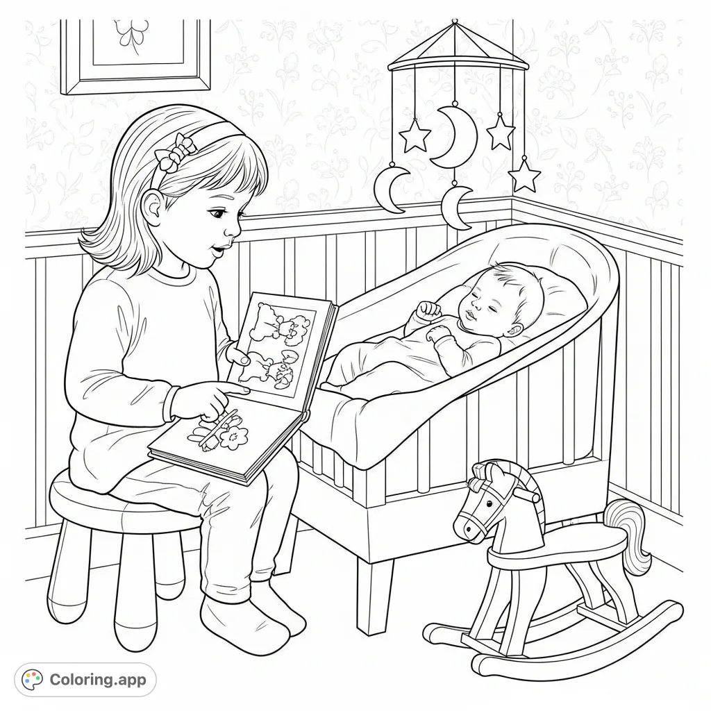A heartwarming free printable coloring page featuring a big sister sharing a picture book with her newborn sibling in a cozy nursery scene. Perfect for kids!