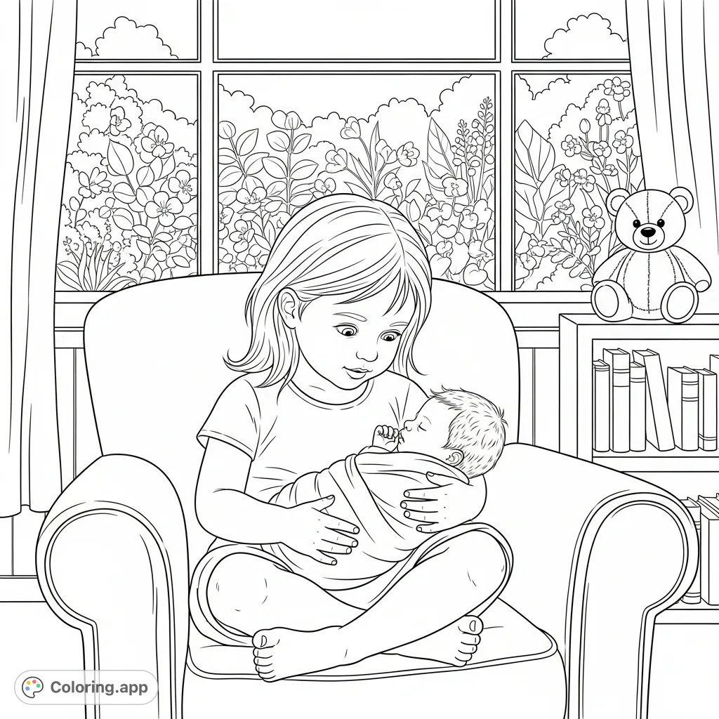 A heartwarming scene: a big sister lovingly holds her newborn sibling in a cozy armchair, with a serene garden outside the window and a teddy bear nearby.