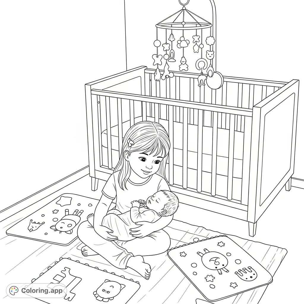 A heartwarming scene of a big sister lovingly holding her newborn sibling in a cozy nursery. Perfect for celebrating family bonds and new beginnings.