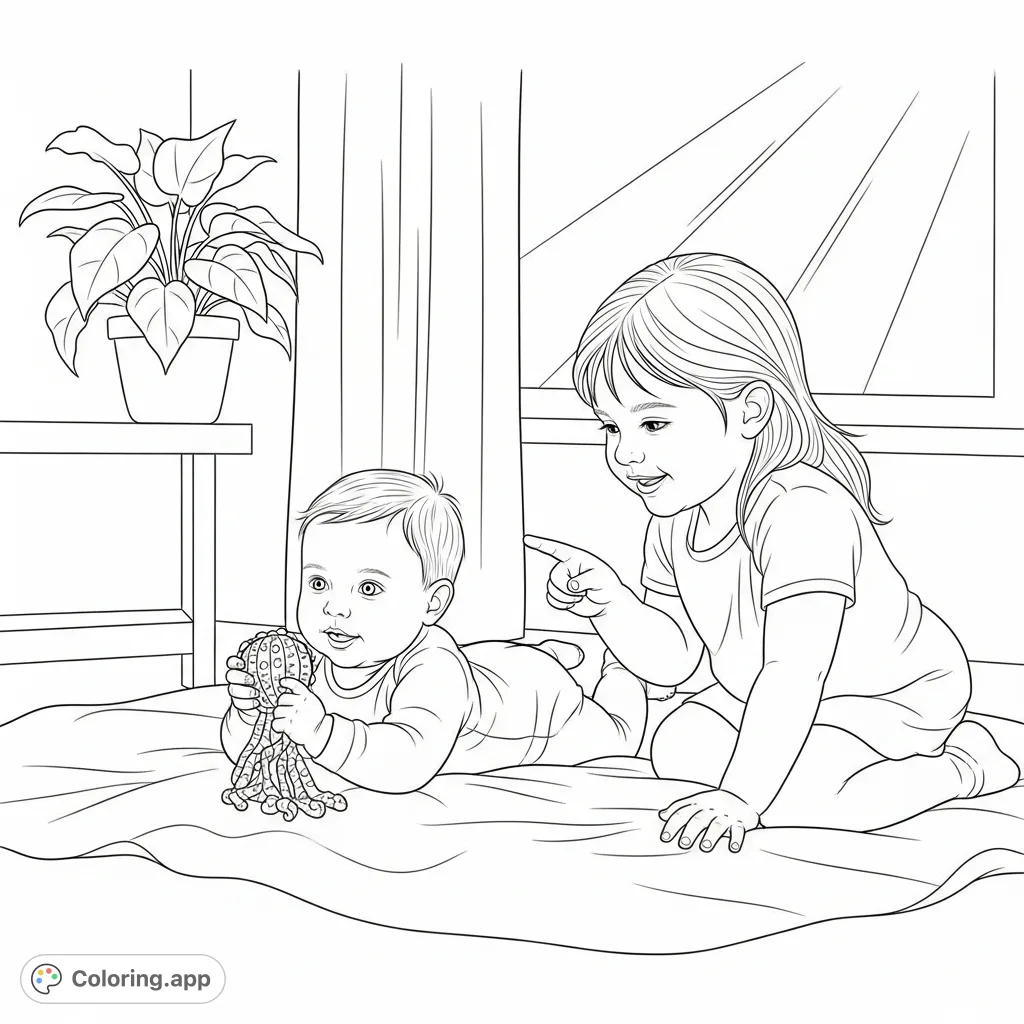 Capture the heartwarming moment of a big sister engaging her baby sibling with a toy. Perfect for a family-themed coloring page.
