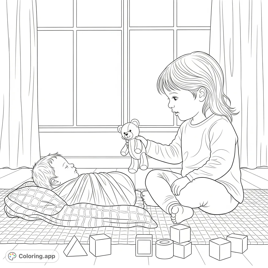 A heartwarming scene of a big sister tenderly interacting with her newborn sibling, offering a plush teddy bear amidst scattered building blocks. Perfect for family.