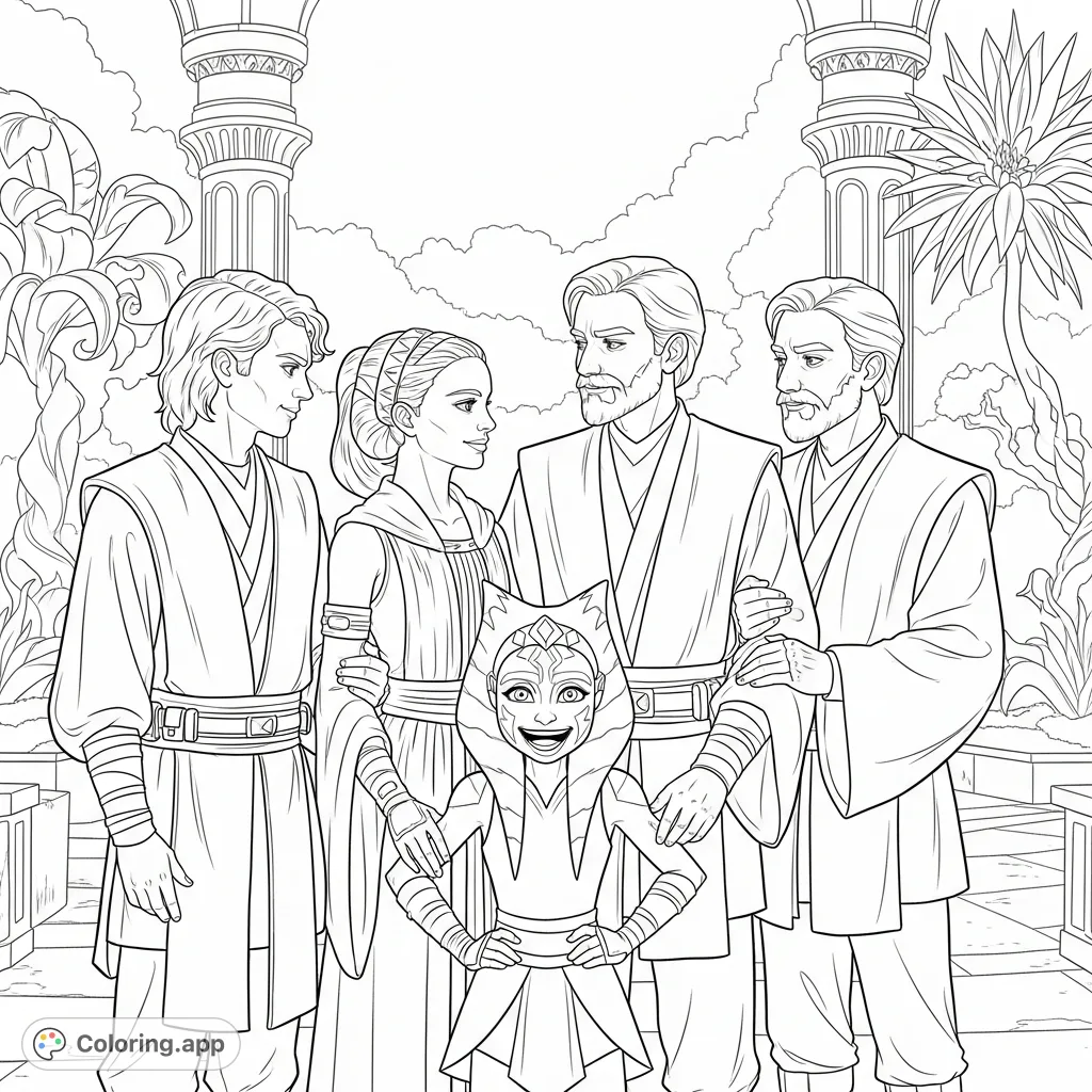 A heartwarming family portrait featuring Anakin Skywalker, Padme Amidala, Obi-Wan Kenobi, Siri Tachi, and Ahsoka Tano, celebrating their unique bonds.