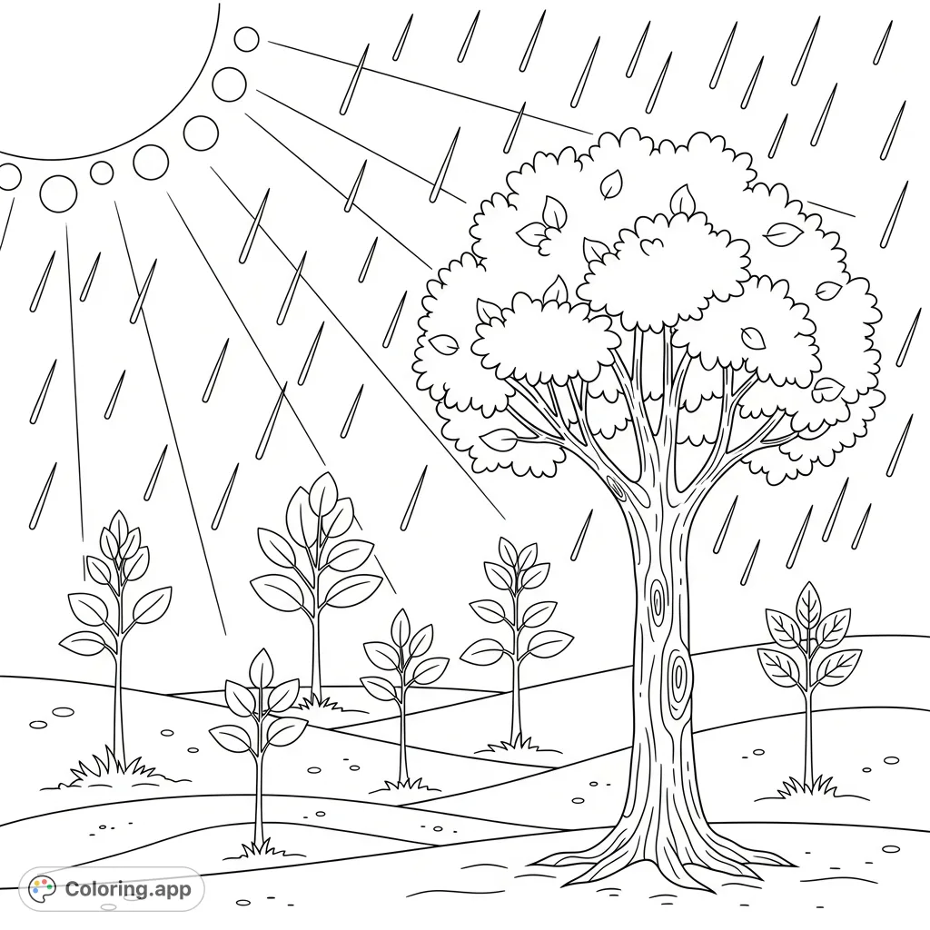 Explore a detailed forestry tree physiology coloring page featuring trees at various growth stages, radiating sunbeams, and gentle rain. Perfect for nature lovers.