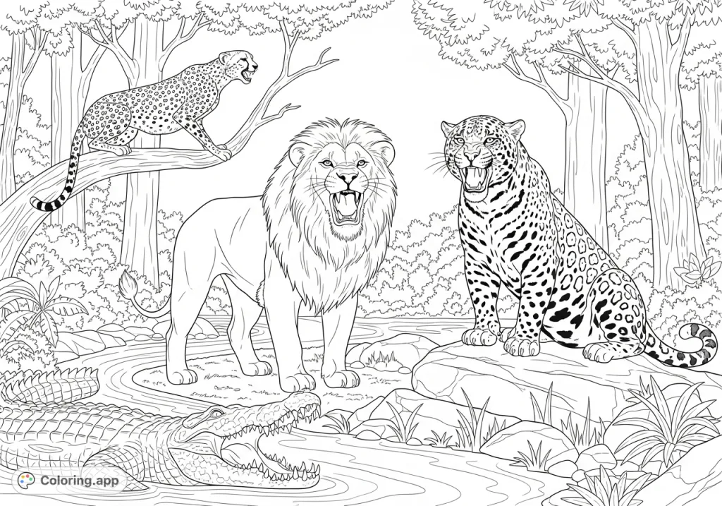 An intense wildlife coloring page featuring a lion, cheetah, jaguar, and crocodile, all with open, menacing mouths in a lush jungle setting. Perfect for animal lovers.