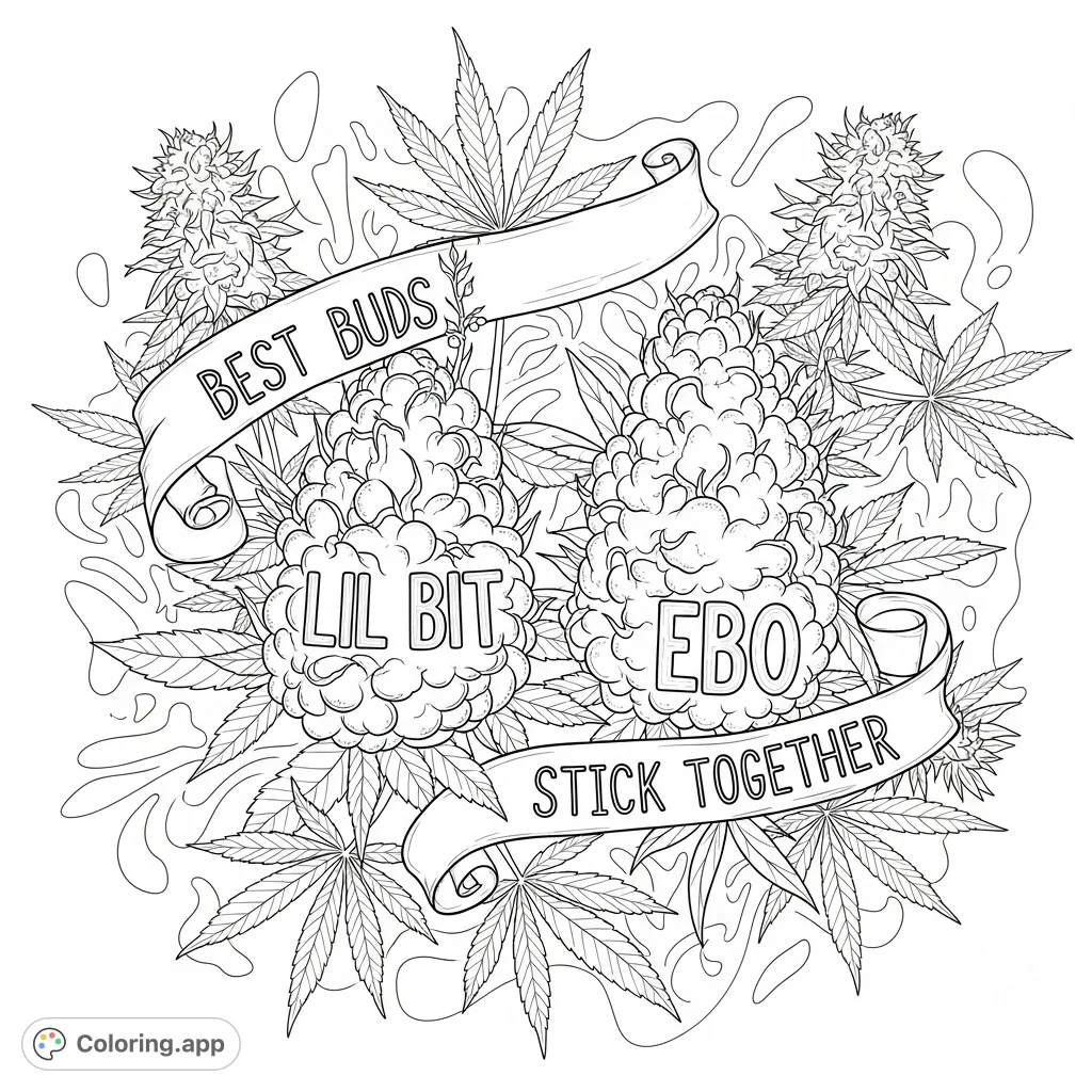 Celebrate friendship with this personalized weed buds coloring page featuring 'Lil Bit' and 'Ebo' amidst lush cannabis plants, proclaiming 'Best buds stick together'.