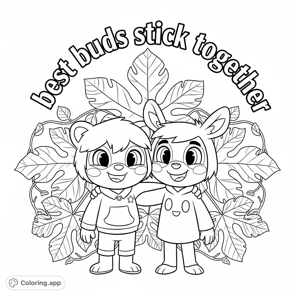 Celebrate friendship with Lil Bit and Ebo, surrounded by symbolic leaves and the heartwarming message "best buds stick together". A unique adult coloring page.