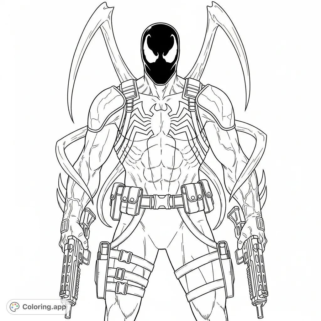 Unleash your creativity with this Agent Venom coloring page, featuring the powerful Marvel antihero in full tactical gear, combat tendrils, and signature spider emblem.