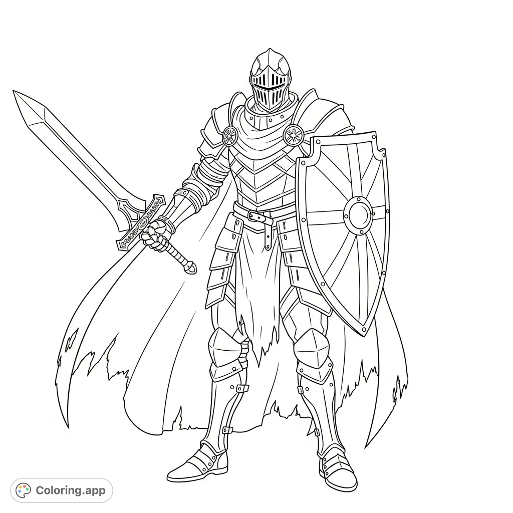 An intimidating anime knight in full armor, wielding a powerful sword and shield, with a torn cape, depicted with strong, clear lines for coloring.