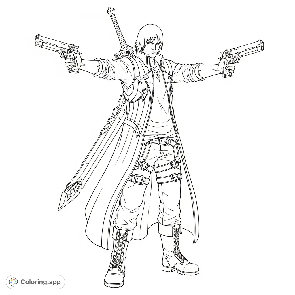 Unleash your creativity with this Devil May Cry coloring page featuring Dante in his iconic trench coat, twin pistols Ebony and Ivory, and sword.
