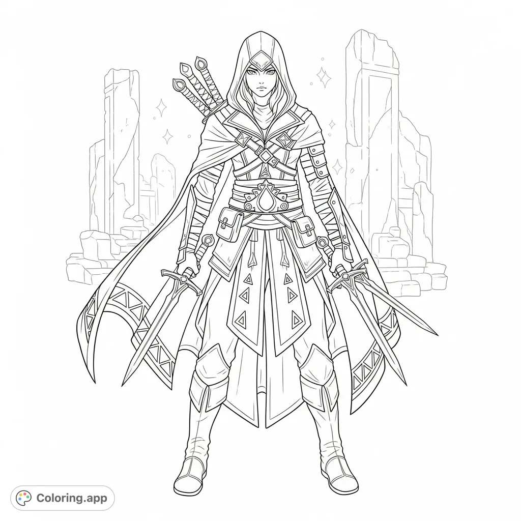 An agile medieval/fantasy rogue, cloaked and armed with daggers, poised in an anime style against ancient stone, perfect for detailed coloring.