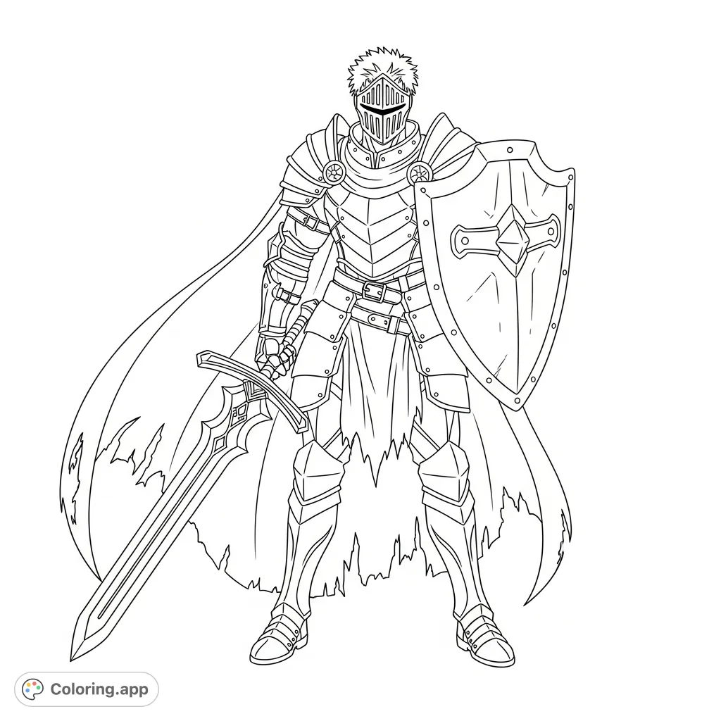 A powerful anime knight in full, elaborate armor stands ready with sword and shield, a torn cape billowing behind. A fierce figure for detailed coloring.