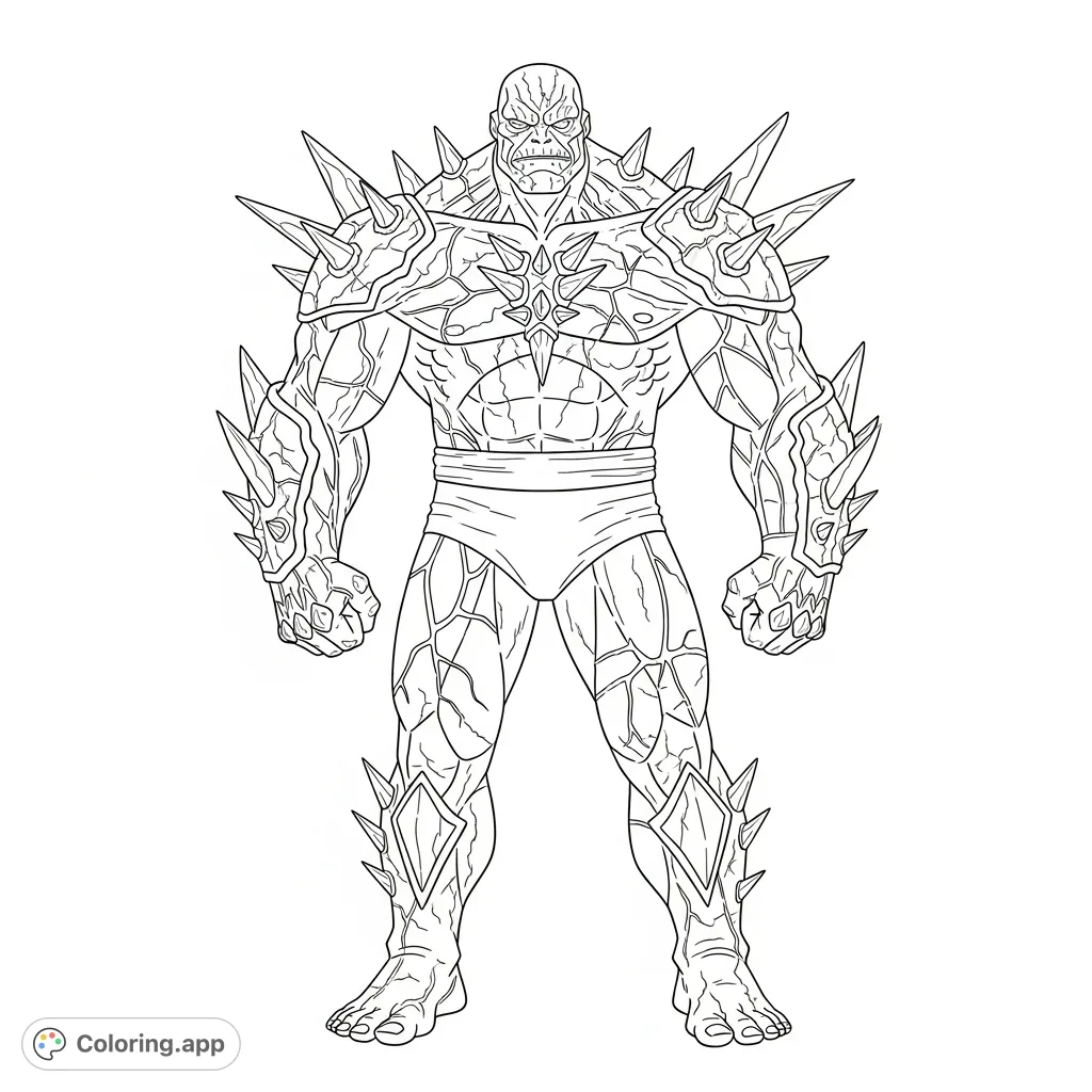 Witness Doomsday in a full-body depiction, showcasing his imposing stature, scarred texture, and iconic bone outgrowths. A challenging and detailed comic villain coloring page.