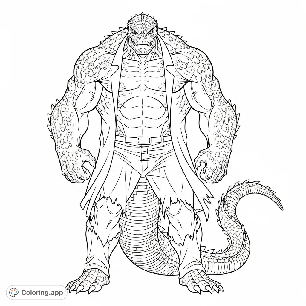 Depicts Marvel's formidable Lizard, a massive, scaly villain with razor fangs and a powerful tail, wearing tattered attire. A thrilling challenge for any colorist.