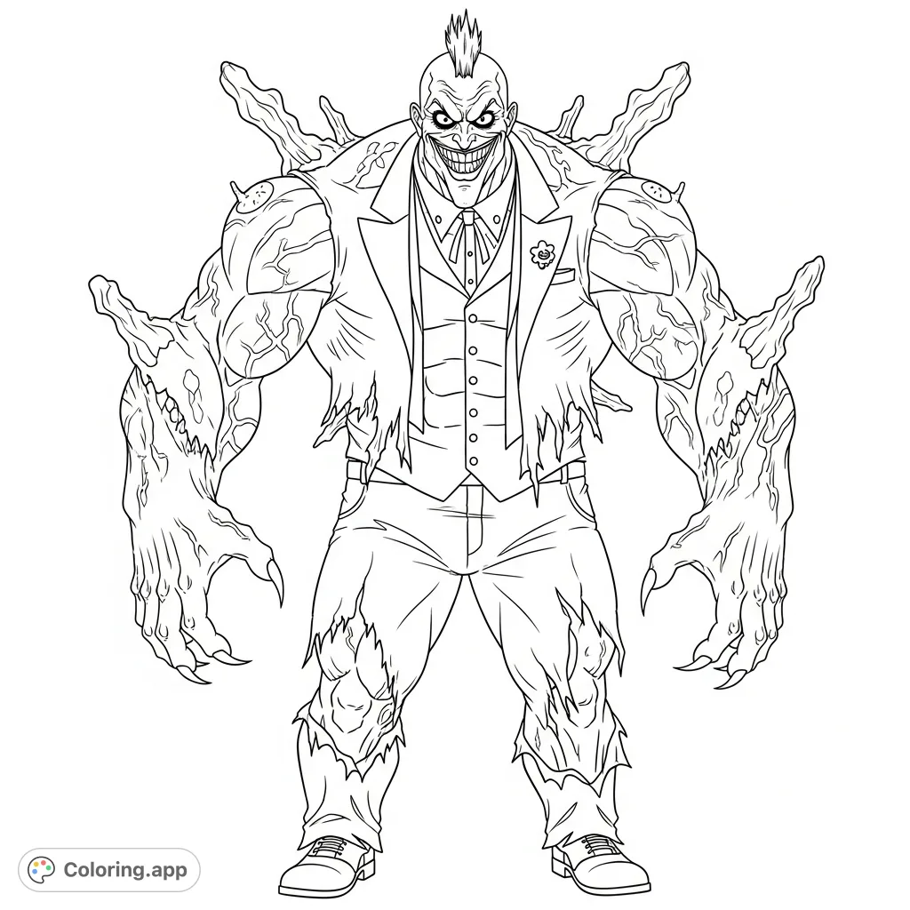 Unleash your creativity on this Arkham Asylum Joker coloring page! Features a mutated villain with torn flesh, protruding bones, and shredded attire.