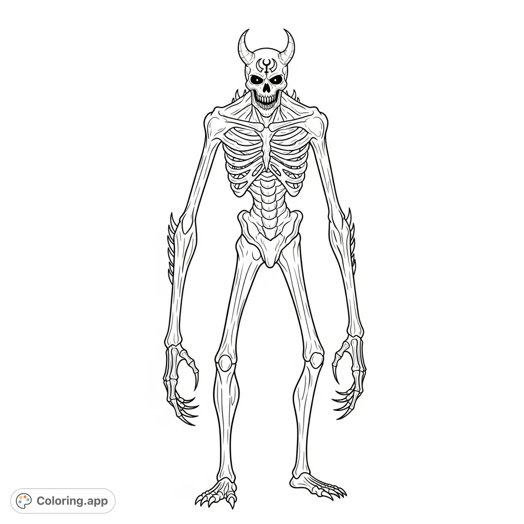 Unleash your creativity on this terrifying skeletal monster coloring page, featuring razor claws, hollow eyes, and a prominent demonic symbol. A challenging, grotesque creature.