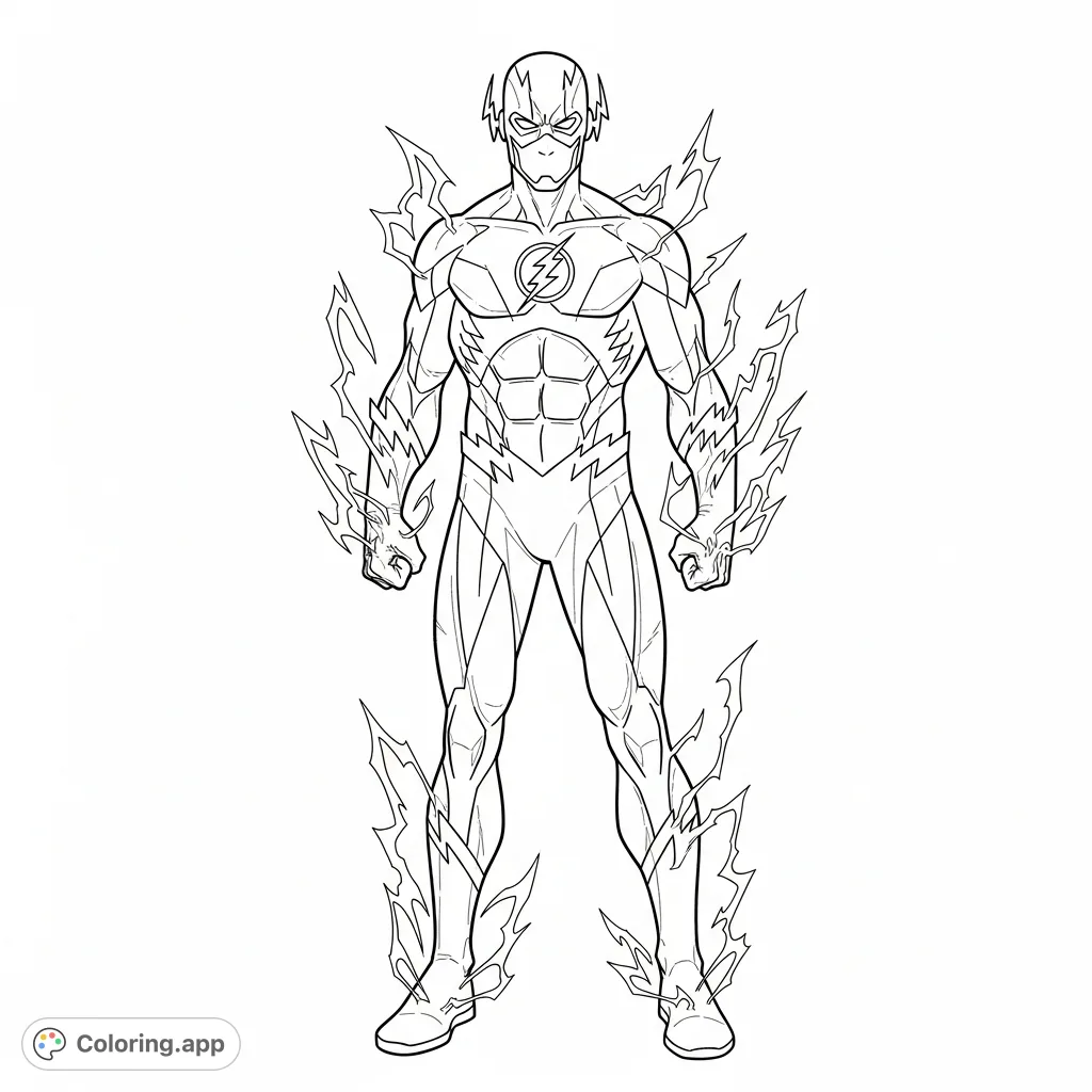 A powerful depiction of The Black Flash from DC Comics, standing menacingly with dynamic energy tendrils emanating from his form, perfect for detailed coloring.