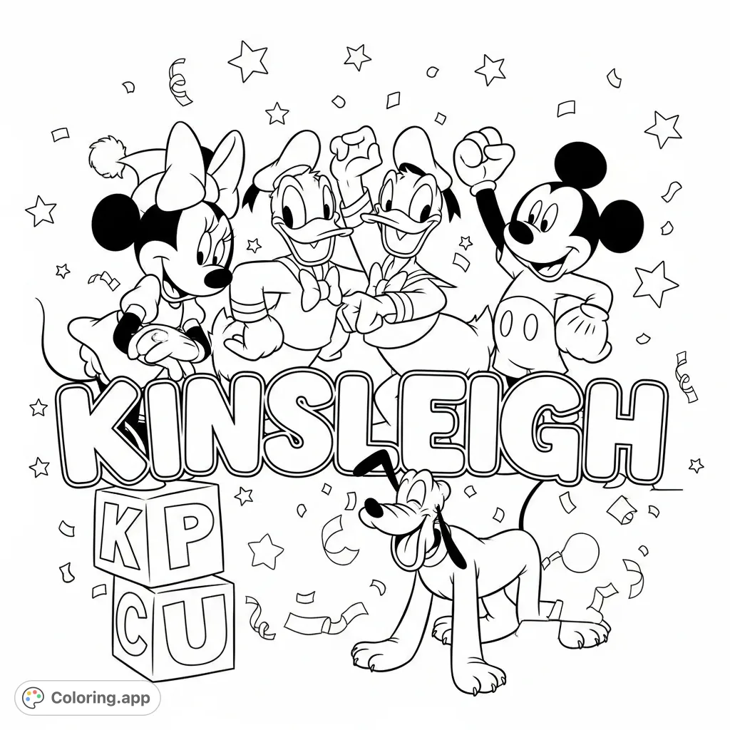 A fun, free printable Kinsleigh coloring page featuring Minnie Mouse, Donald Duck, Mickey Mouse, and Pluto amid stars and confetti. Perfect for kids!