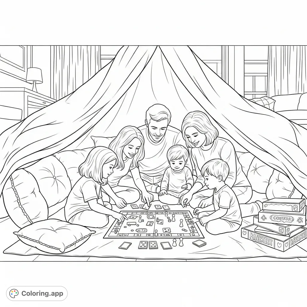 A heartwarming family scene inside a blanket fort, where parents and children are engrossed in playing a classic board game, surrounded by cozy elements.