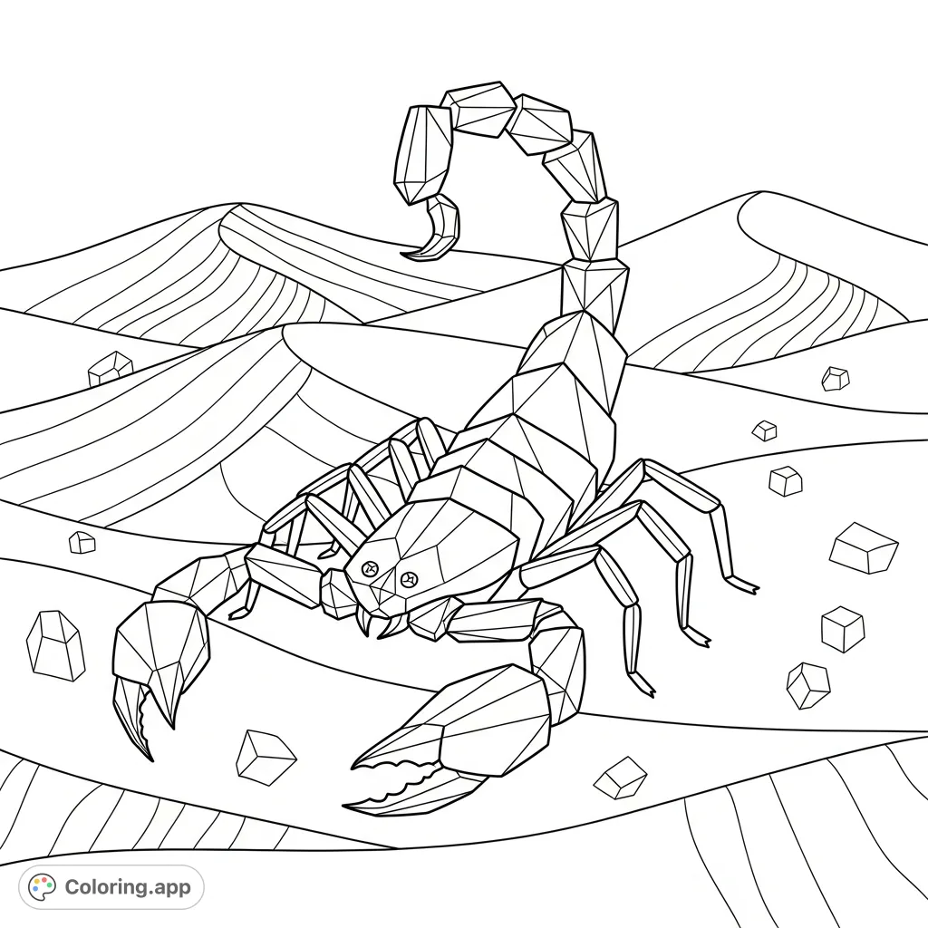 An abstract geometric scorpion rests among stylized desert dunes, created with a captivating array of shapes. A unique, free printable coloring page.