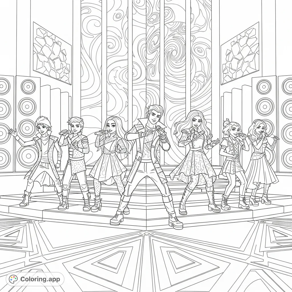 An epic Descendants and Zombies worlds collide tour coloring page! Mal, Evie, Jay, Carlos, Addison, Zed, Eliza, and Bonzo perform energetically on stage, perfect for fans.