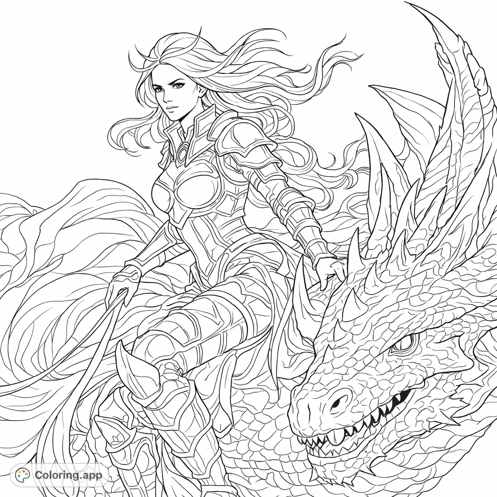 An empowered warrior riding a majestic, detailed dragon through an epic scene. Unleash your creativity on this fantasy adventure.