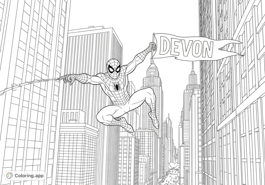 Join Spiderman as he dynamically web-swings through a vibrant cityscape, proudly carrying a personalized banner with the name 'Devon'. An action-packed scene!