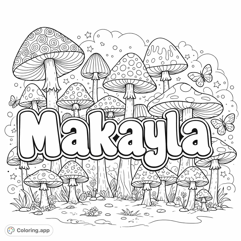 Delightful Makayla name coloring page featuring a whimsical mushroom forest, cheerful butterflies, and sparkling stars. Perfect for a personalized creative journey.